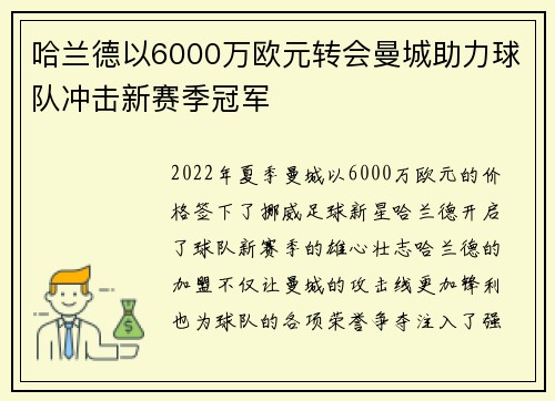 哈兰德以6000万欧元转会曼城助力球队冲击新赛季冠军 哈兰德以6000万欧元转会曼城助力球队冲击新赛季冠军