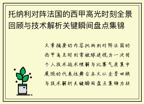 托纳利对阵法国的西甲高光时刻全景回顾与技术解析关键瞬间盘点集锦