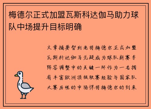 梅德尔正式加盟瓦斯科达伽马助力球队中场提升目标明确